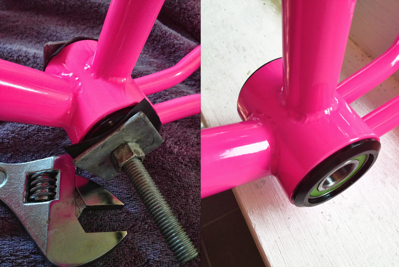 DIY bottom bracket bearing press using coach bolt and square washers