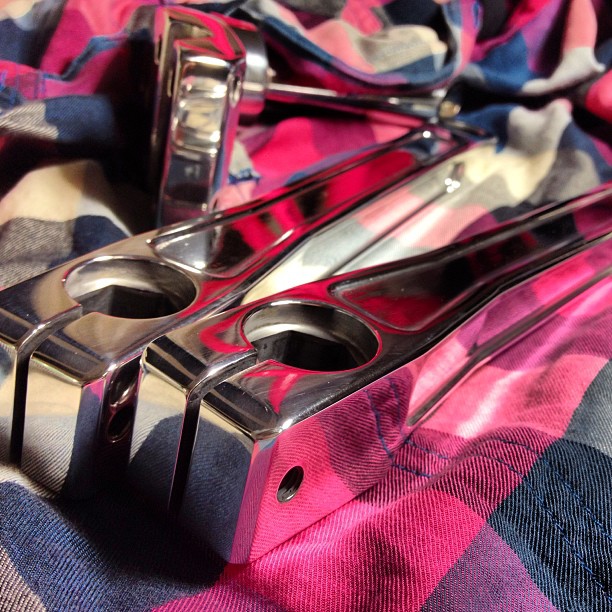 Polished Black Widow cranks and USA BMX rotor stem — mirror finish