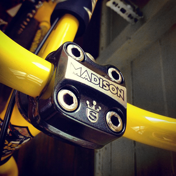 Detail of the DB sugino stem, refinished in rich metallic black with polished details and custom Madison decal