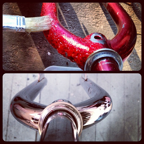 1980 stamped Akisu forks before and after stripping the old candy coat off the chrome