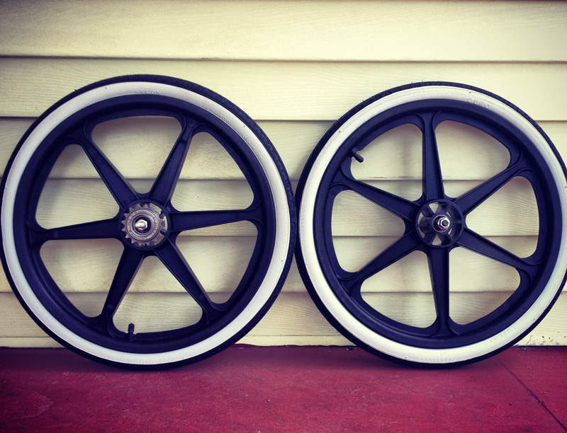 Skyway O.E. 6 spoke wheels, duro white wall tyres, ACS Crossfire freewheel