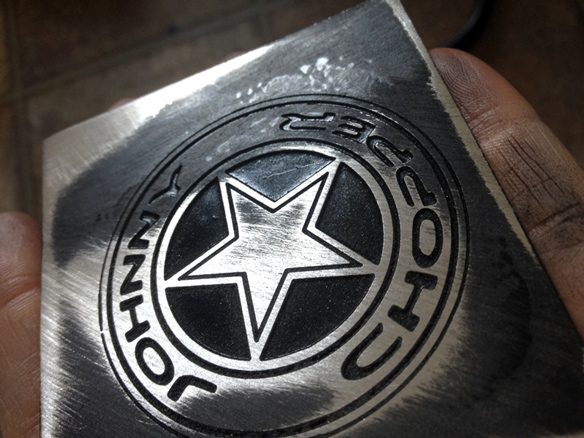 Colouring and sanding the Johnny Chopper badge prototype